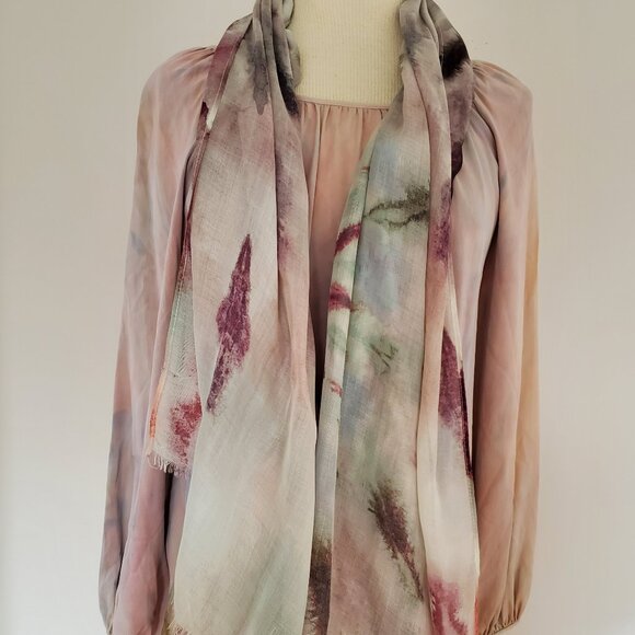 Theory silk blouse ruched poet shirt painted ballet pink blue purple peach Med - Picture 4 of 9